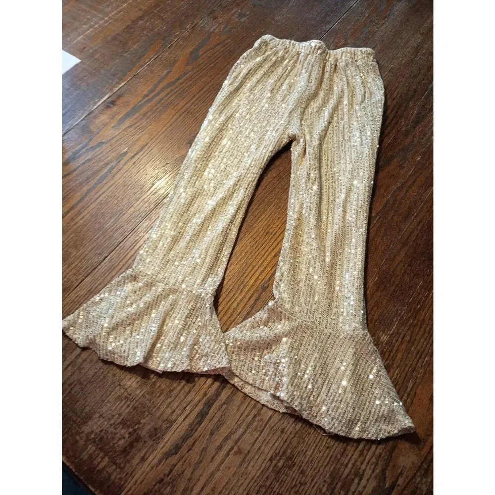 Girls Size 8 Grace Karin Gold Sequin Pants Bell Bottoms Dance Wedding Party